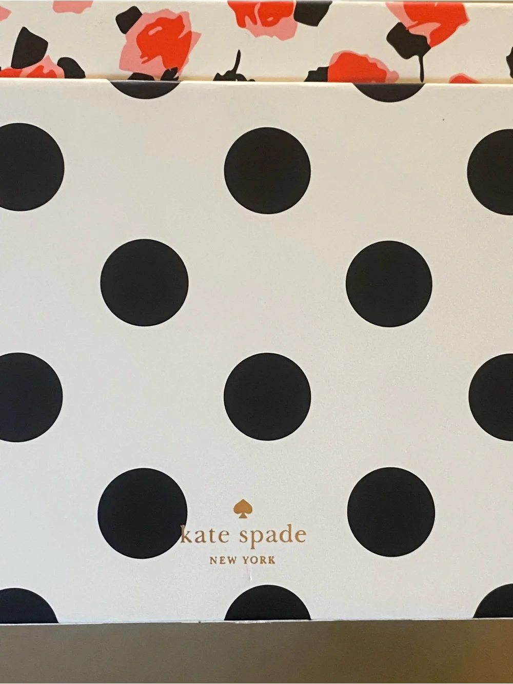 Kate Spade Black & White Polka Dot Nesting Storage Box, Gold Trim, Floral Inside